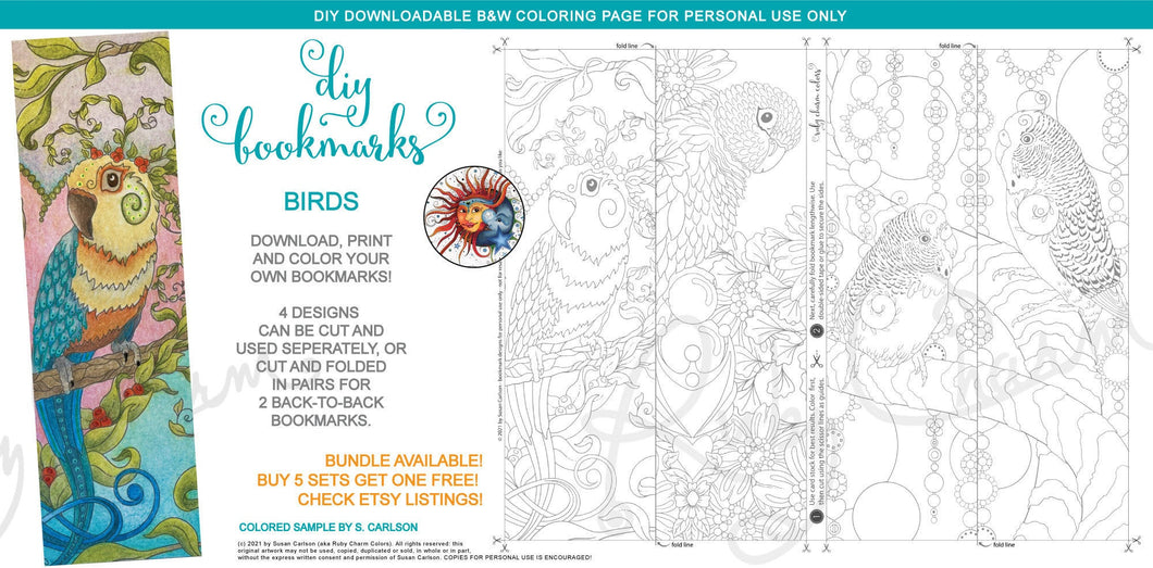 DIY Printable Bookmarks - BIRDS: downloadable printable 1-page PDF for coloring