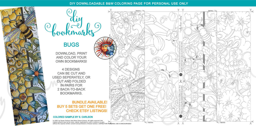 DIY Printable Bookmarks - INSECTS: downloadable printable 1-page PDF for coloring