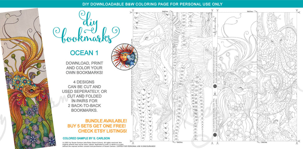 DIY Bookmarks - OCEAN 1: downloadable printable 1-page PDF for coloring