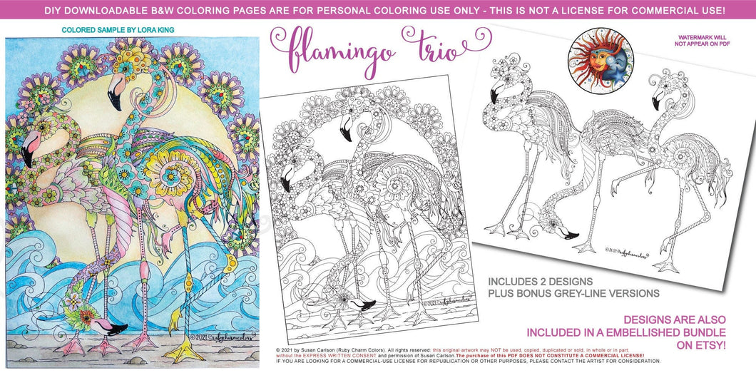 Flamingo Trio: downloadable printable 4-page PDF for coloring