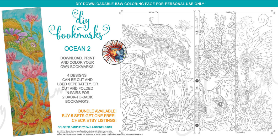 DIY Bookmarks - Ocean 2: downloadable printable 1-page PDF for coloring
