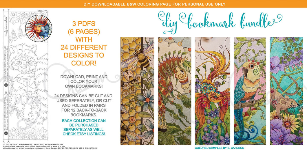 Bookmarks Bundle: downloadable printable 6-page PDF for DIY bookmarks (24 designs) to color