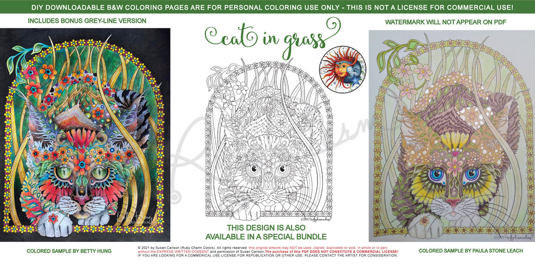 Cat in the Grass: downloadable printable 2-page PDF for coloring